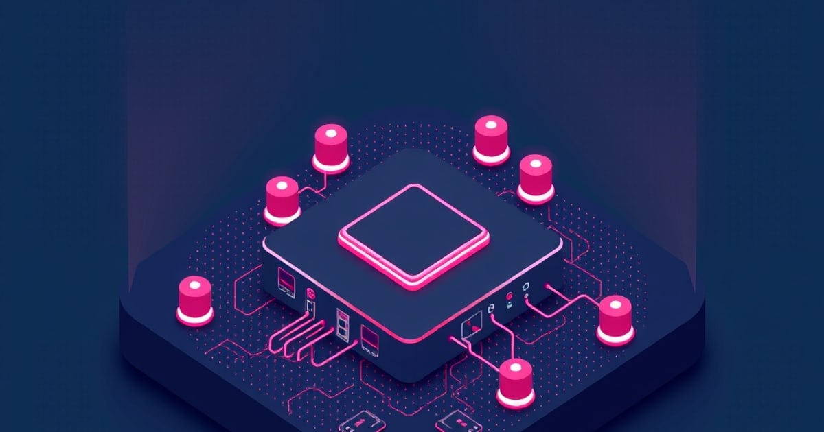 A dark isometric hub with glowing pink trim connects to seven pink cylindrical nodes on a circuit-patterned platform.